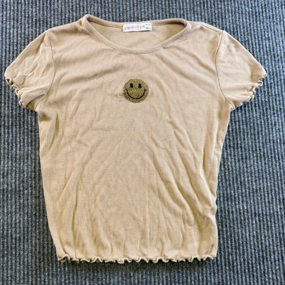 Popular 21 Girls Ribbed Smiley Tee XL 16 Beige Short Sleeve Rayon Stretch